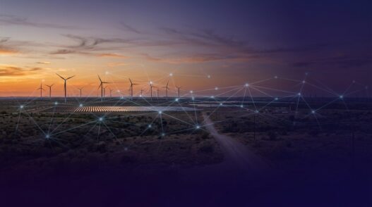 Texas energy landscape at dusk with wind turbines, solar panels, and digital smart grid overlay representing DER orchestration