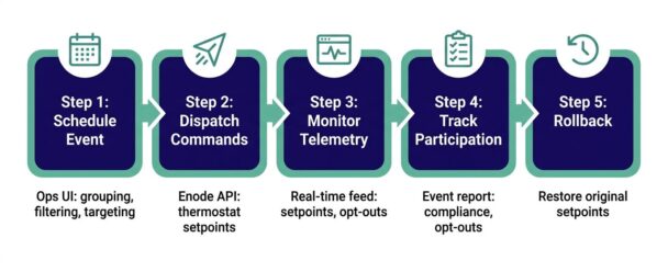 Five-step demand response event lifecycle: schedule event, dispatch commands, monitor telemetry, track participation, rollback