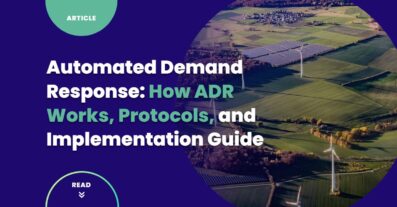 Automated demand response guide cover showing wind turbines and solar panels representing distributed energy resources participating in ADR programs