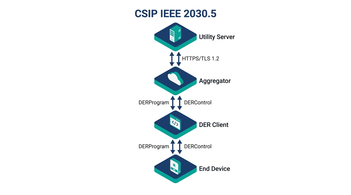 CSIP architecture diagram showing four communication roles: Utility Server, Aggregator, DER Client, and End Device connected via HTTPS polling