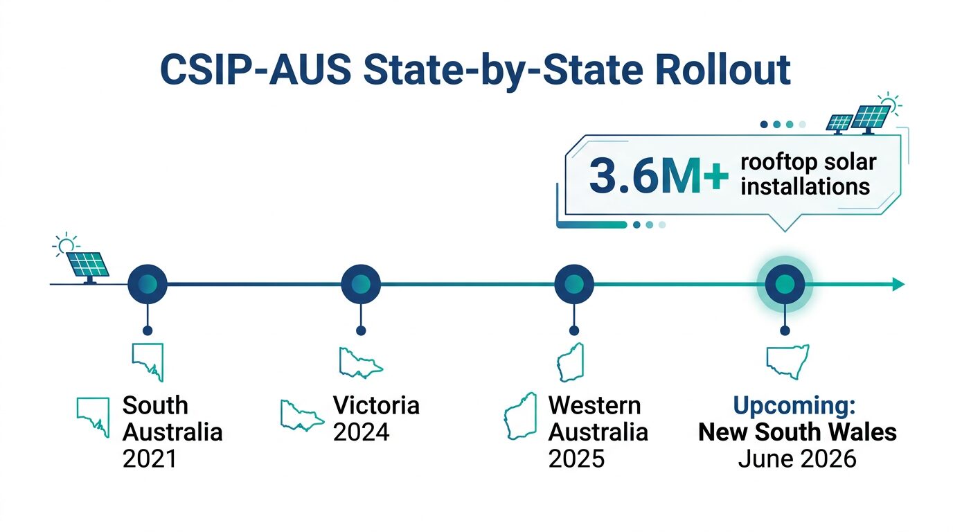 CSIP-AUS rollout timeline showing adoption across Australian states from South Australia in 2021 to New South Wales in June 2026