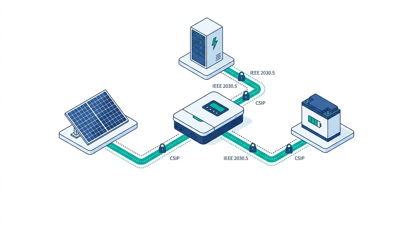 CSIP IEEE 2030.5 smart inverter architecture showing solar panel, battery storage, and utility server connected through secure communication channels