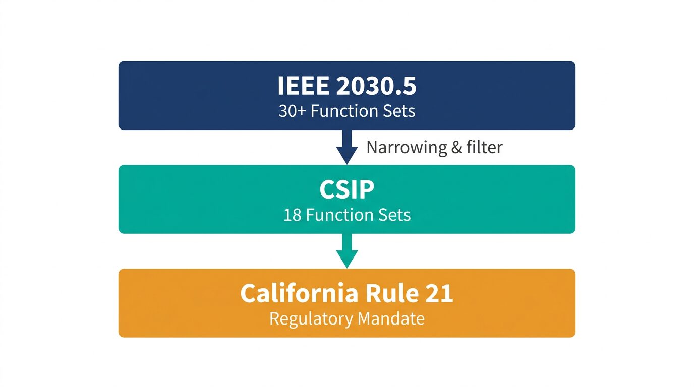 Standards hierarchy diagram showing IEEE 2030.5 narrowing to CSIP 18 function sets to California Rule 21 regulatory mandate