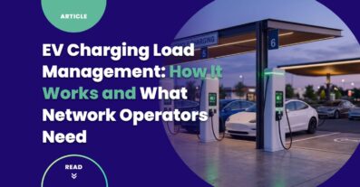 EV charging load management — dynamic power distribution across multiple charge points at a commercial charging depot at twilight