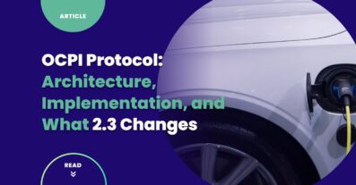 OCPI protocol guide cover showing EV charging port close-up with article title overlay