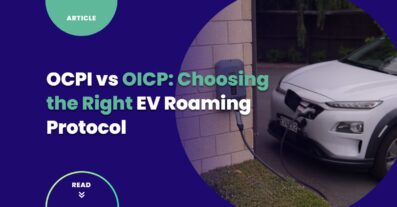 OCPI vs OICP EV roaming protocol comparison cover showing white car at wall-mounted charger