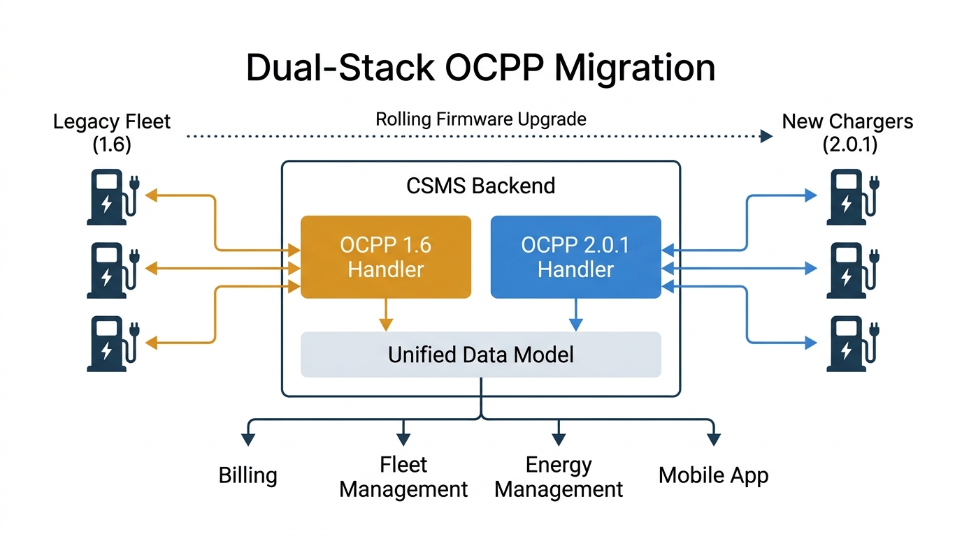Dual-stack OCPP migration architecture showing CSMS backend with parallel OCPP 1.6 and 2.0.1 message handlers connecting legacy and new chargers through a unified data model