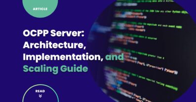 OCPP server implementation guide cover showing colorful programming code on dark screen