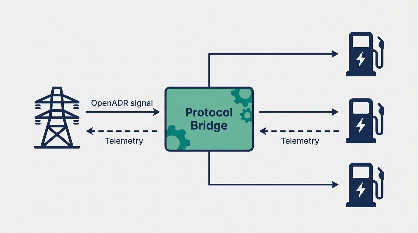 Protocol Bridge architecture showing OpenADR demand response signals flowing through a translation layer into OCPP 2.0.1 smart charging commands with bidirectional telemetry