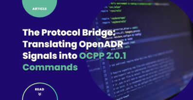 Protocol Bridge architecture diagram showing OpenADR demand response signals translating into OCPP 2.0.1 smart charging commands for EV charging stations
