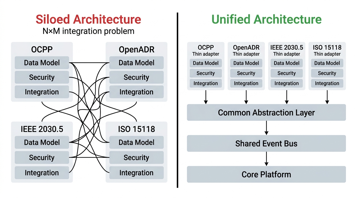 Comparison diagram showing siloed protocol architecture with tangled N×M integrations versus unified architecture with clean adapter pattern through a common abstraction layer