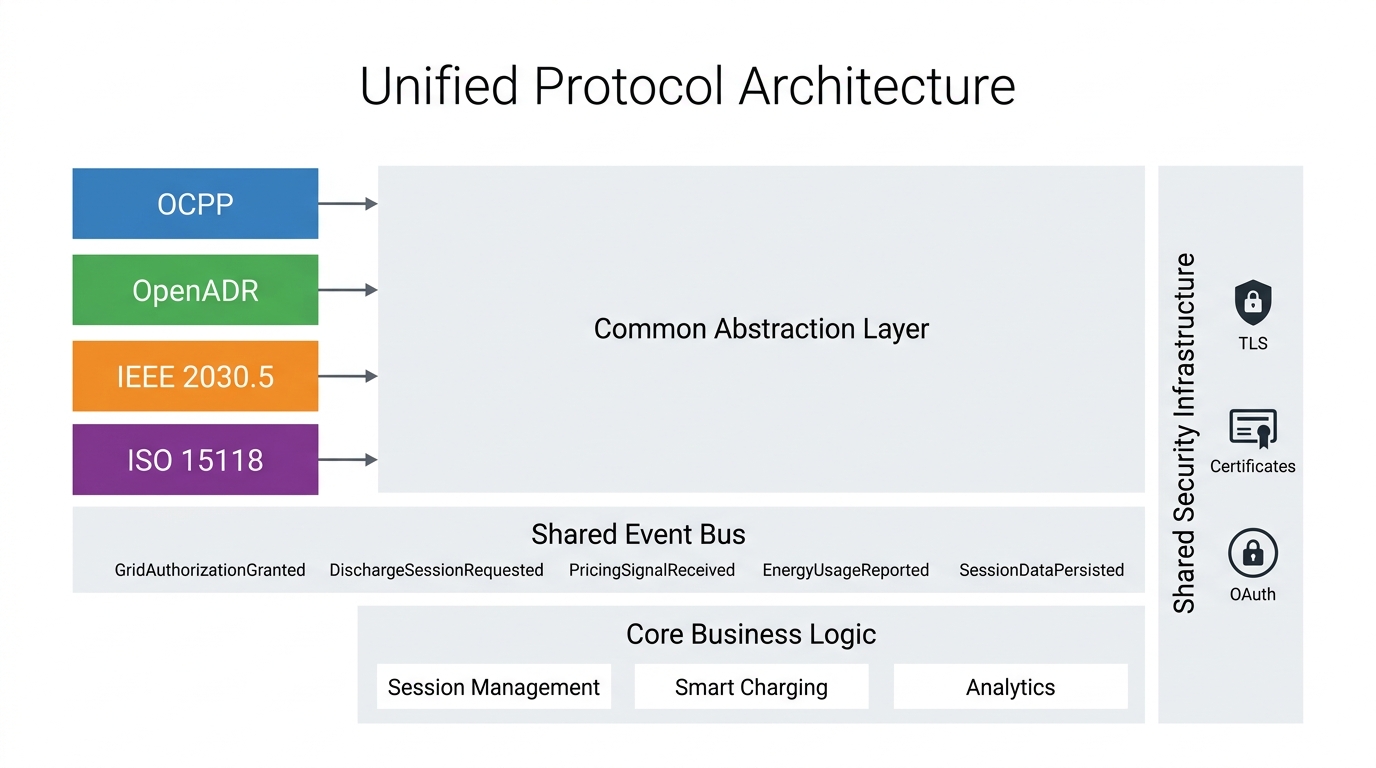 Unified protocol architecture diagram showing OCPP, OpenADR, IEEE 2030.5, and ISO 15118 adapters connecting through a common abstraction layer and shared event bus to core business logic