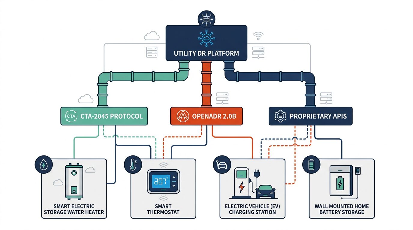 Residential demand response device integration showing how water heaters, thermostats, EV chargers, and batteries connect to utility platforms through fragmented CTA-2045, OpenADR, and proprietary protocols