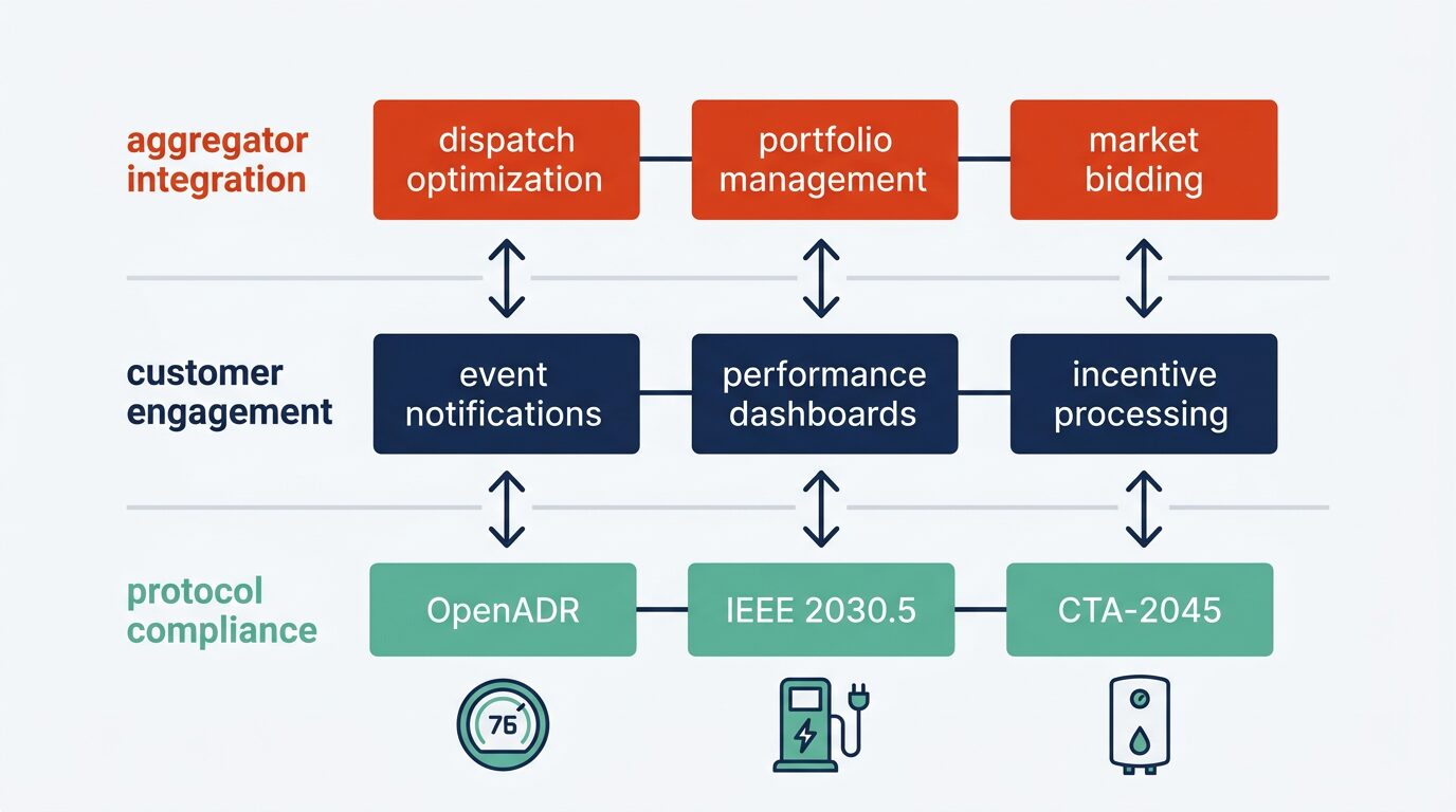 Three-layer technology stack for residential demand response showing protocol compliance, customer engagement, and aggregator integration layers with bi-directional data flows