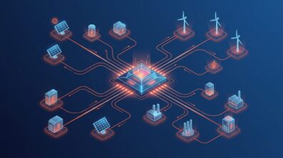 Virtual power plant software architecture connecting solar, BESS, wind, and demand assets into a central energy aggregation platform