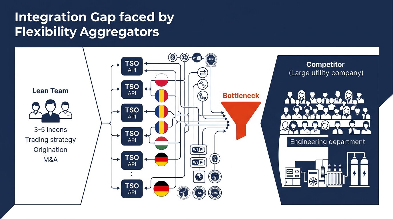 Integration complexity gap showing lean flexibility aggregator team versus large utility engineering department