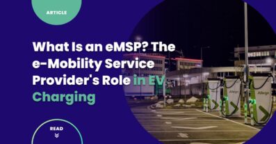 e-Mobility service provider ecosystem — EV charging stations at night representing multi-network roaming access for eMSP drivers