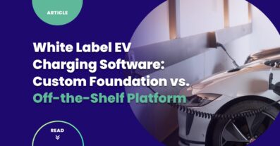 White label EV charging software architecture — branded CPO driver app connected to a CSMS backend with OCPP charge points from multiple hardware manufacturers