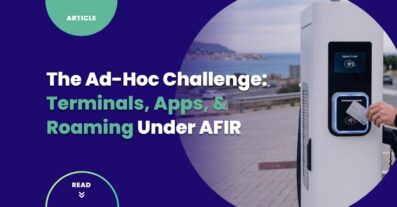 EV driver tapping a contactless card on an AFIR-compliant public charger payment terminal at a TEN-T highway charging station