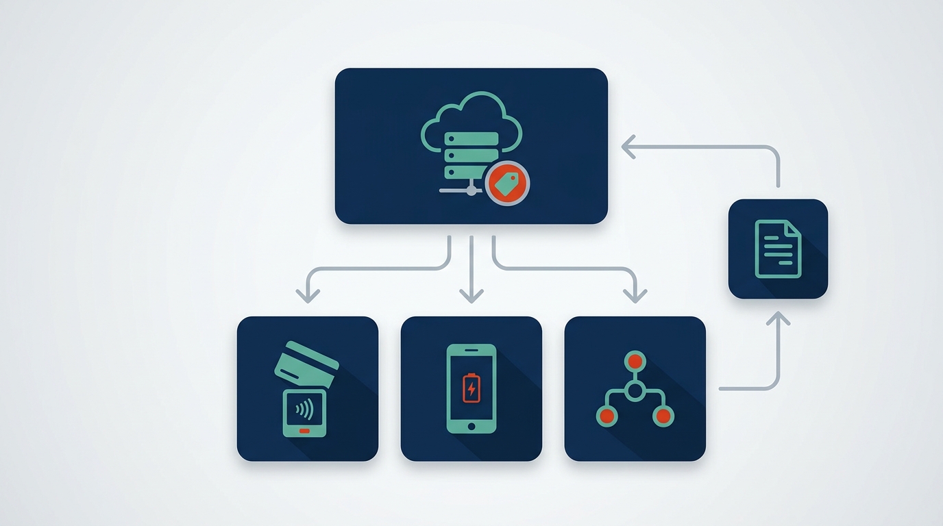 Orchestrated EV charging payment system architecture: one canonical OCPP-anchored CSMS layer feeding contactless terminal, mobile app, and OCPI roaming channels with consistent pricing and session data for AFIR compliance