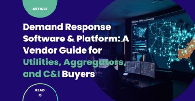 Photorealistic view of a utility grid operations control room with operators monitoring a large curved display wall showing US power grid data, curtailment event heatmaps, and real-time load visualization — illustrating the scope of demand response software platforms