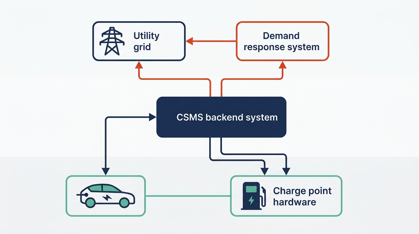 EV charging station management software protocol architecture showing CSMS as orchestration hub connecting charge points via OCPP, grid systems via OpenADR and IEEE 2030.5, and vehicles via ISO 15118