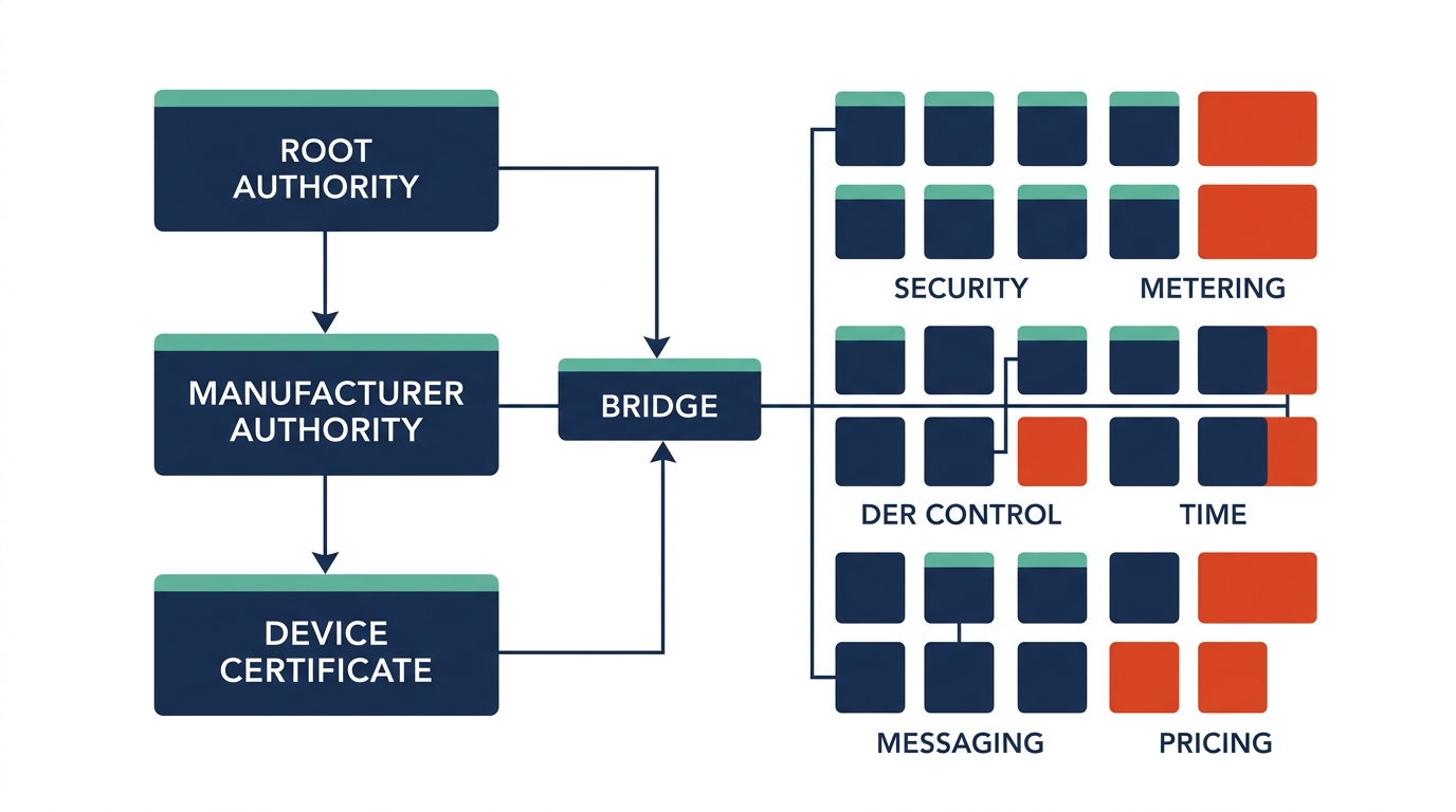 IEEE 2030.5 implementation architecture showing PKI certificate hierarchy and CSIP function set scope