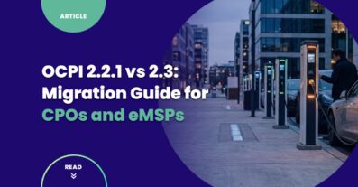 OCPI 2.2.1 versus 2.3 migration guide cover — electric vehicle charging station with ARTICLE badge representing the version migration decision for CPOs and eMSPs