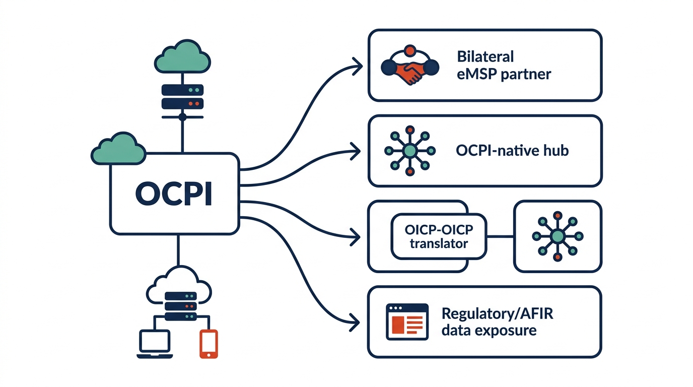 OCPI middleware fan-out diagram — a single OCPI protocol layer reaching bilateral eMSP partners, OCPI-native hubs, Hubject via OICP, and AFIR regulatory exposure from one implementation