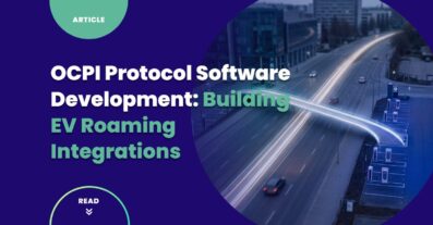 OCPI Protocol software development for EV roaming — aerial urban corridor at dusk with two distinct EV charging networks bridged by a luminous teal-and-indigo light ribbon, representing the cross-network roaming integration that OCPI software development delivers