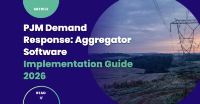 PJM demand response aggregator software implementation guide cover — transmission line corridor at dawn over Mid-Atlantic farmland