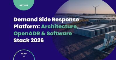 Demand side response platform — aerial drone view of a distributed energy resources landscape with battery storage containers, wind turbines, and solar arrays at golden hour