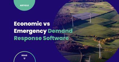 Wide aerial view of a renewable energy landscape with wind turbines and solar panels evoking the multi-asset portfolio span an aggregator covers across both economic and emergency demand response programs