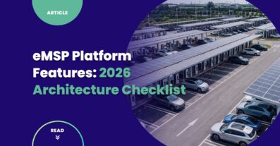 Aerial view of large public EV charging hub during midday — rows of DC fast charging stalls beneath solar canopies — eMSP platform features capability audit context for 2026