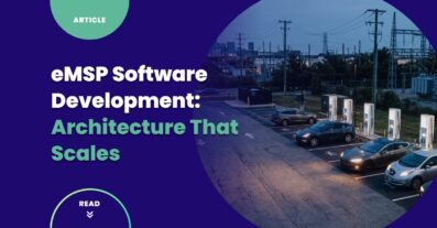 eMSP software development cover graphic — DC fast-charger plaza at dusk with multiple charging bays, parked EVs, substation visible in background, no people visible