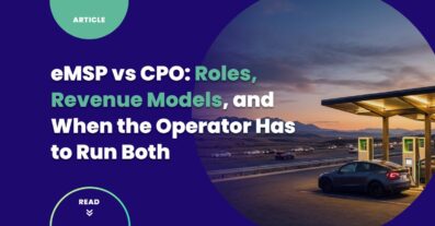 Highway corridor EV charging station at golden hour with DC fast-charge bays facing the road — eMSP vs CPO role decision context for operators planning integrated-stack platforms in 2026
