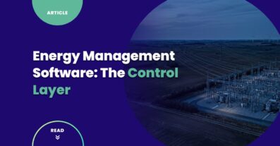 Energy management software pillar cover — aerial view at blue hour of an electrical substation with transformers and transmission lines radiating across the landscape