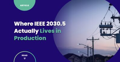 Distribution feeder with pole-top transformers and overhead lines at dawn, illustrating the grid edge where IEEE 2030.5 deployments actually run.
