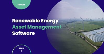 Renewable energy asset management software article cover — aerial daylight view of wind turbines and solar panel arrays across green farmland