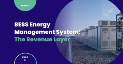 Utility-scale BESS energy management system context — daytime battery storage container row with inverter skid at a commercial solar site