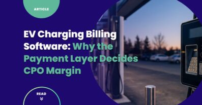 EV charging billing software concept — public fast-charging plaza with a contactless payment terminal in focus, representing the billing and payment layer that decides charge point operator margin