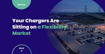 Public EV charging plaza connected to grid infrastructure illustrating smart charging solutions and the EV charging flexibility revenue stack, with chargers feeding power back to the grid