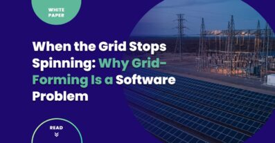When the Grid Stops Spinning: Why Grid-Forming Is a Software Problem — Codibly white paper cover, aerial view of a utility-scale solar farm, transmission substation, and battery storage containers at dusk