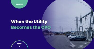 Electrical substation beside a public EV charging plaza illustrating the convergence of utilities and charge point operators, with grid infrastructure connecting to charging bays