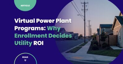 Virtual power plant program assets at street level — rooftop solar, home batteries, and EV chargers along a suburban feeder converging into one aggregated resource