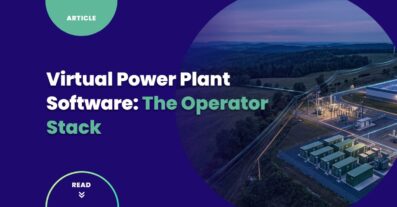 Virtual power plant software context — dusk aerial of distributed energy assets, battery storage containers, and substation infrastructure connected by grid lines