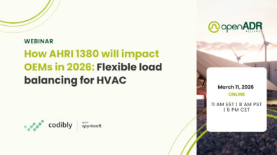 OpenADR Alliance and Codibly webinar cover: How AHRI 1380 will impact OEMs in 2026 – flexible load balancing for HVAC, March 11, 2026