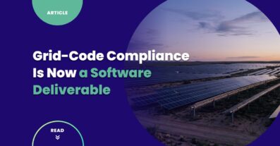 Grid-Code Compliance Is Now a Software Deliverable — an aerial view of a utility-scale solar array at dusk