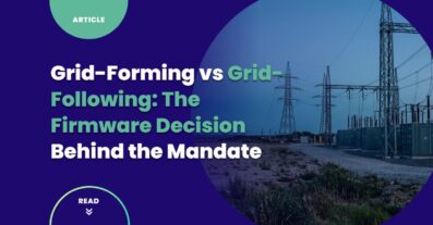 Grid-Forming vs Grid-Following: The Firmware Decision Behind the Mandate — a high-voltage transmission substation with battery-storage containers at dusk