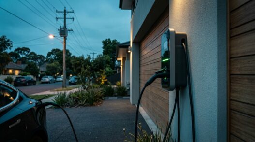 Electric vehicle charging from a wall-mounted home charger on a suburban driveway at dusk, with an overhead distribution line and pole-mounted transformer serving the street behind.